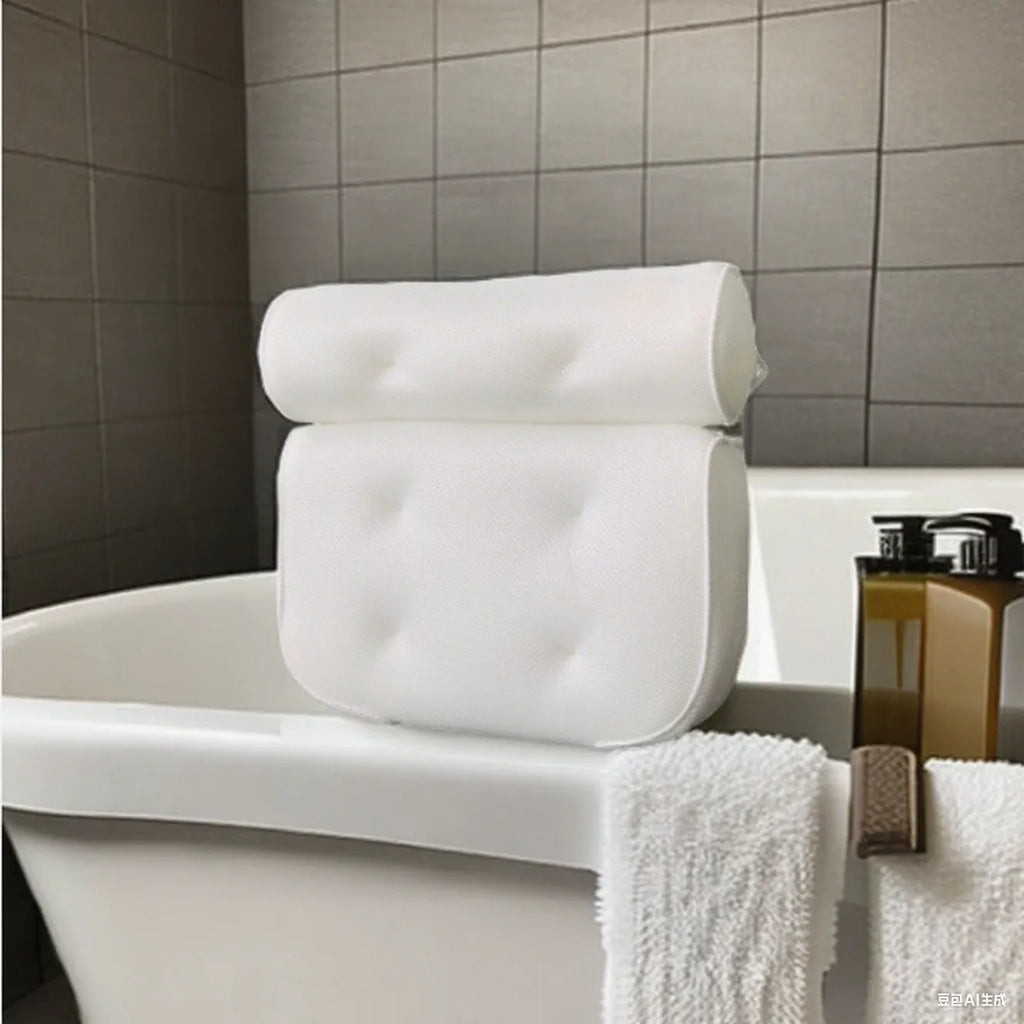 White 4D mesh bathtub pillow with multiple suction cups on a light luxury styled bath mat.