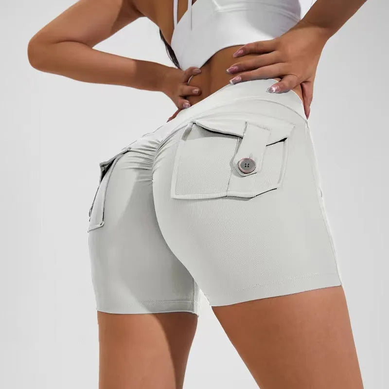 Women's high-waisted hip lifting shorts with pockets in quick-dry nylon fabric