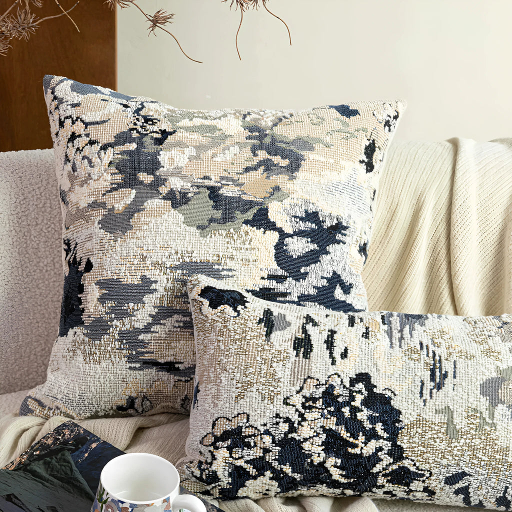 Antique blue square decorative cushion with abstract Chinese style floral pattern and wool blend fabric.