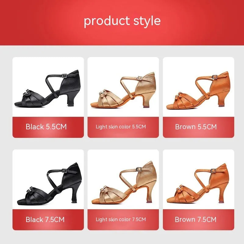 Latin dance high heel shoes with real silk upper, leather sole, and soft bottom in black, brown, and skin colour, 5.5cm and 7.5cm heel