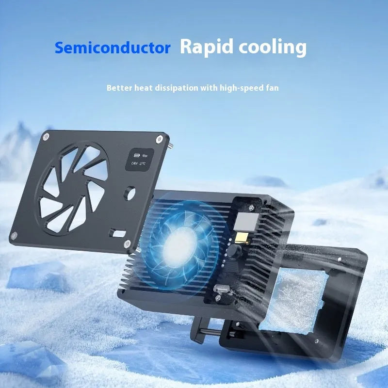Black aluminium alloy smart cooling radiator with integrated quiet fan measuring 89x52x25.95mm