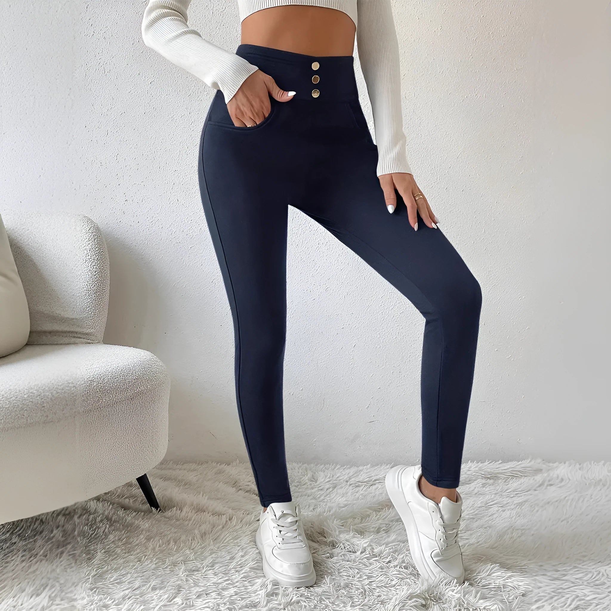 Navy blue women's high waist slim trousers with straight leg cut and micro stretch fabric