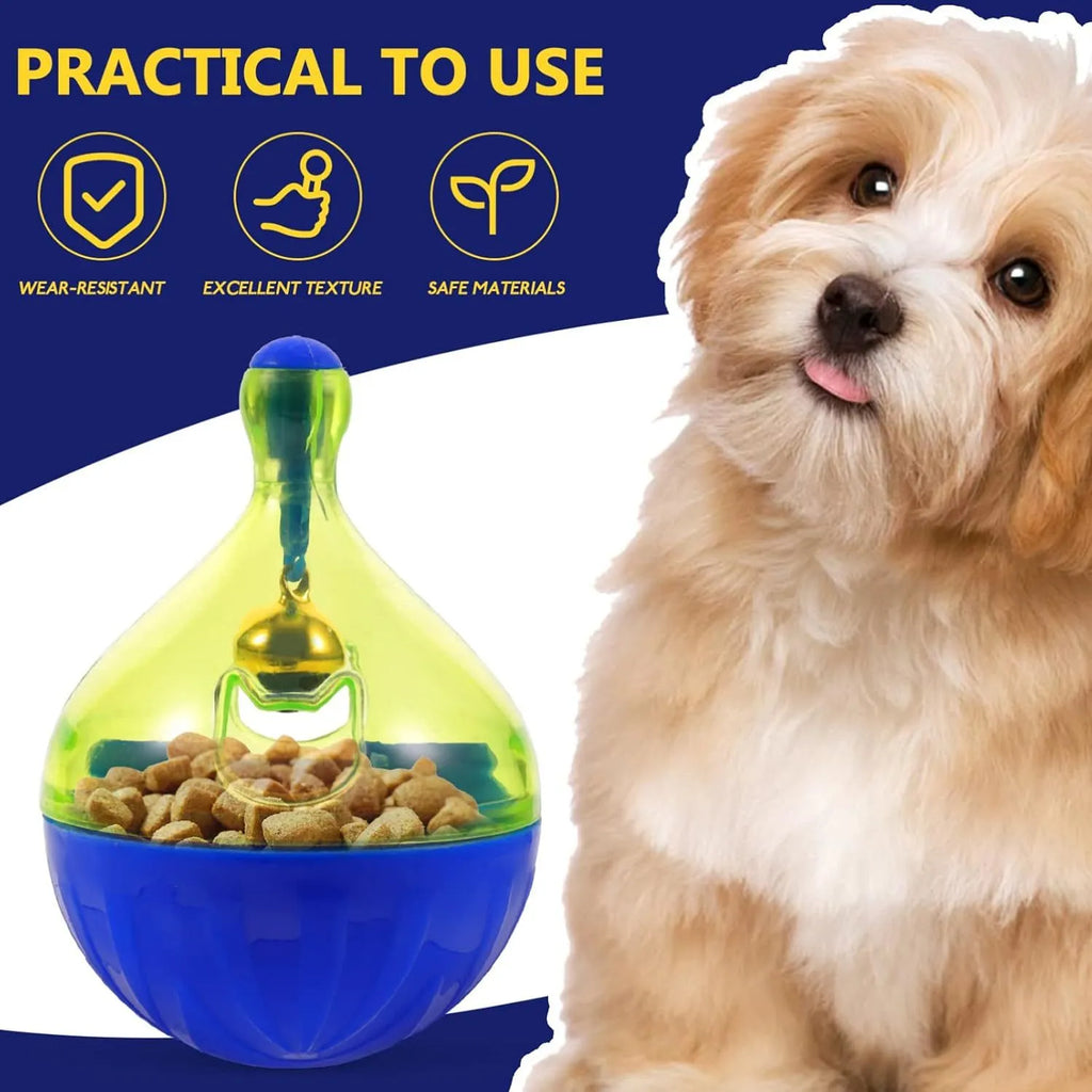 Blue tumbler-shaped interactive treat dispenser ball for dogs and cats on floor