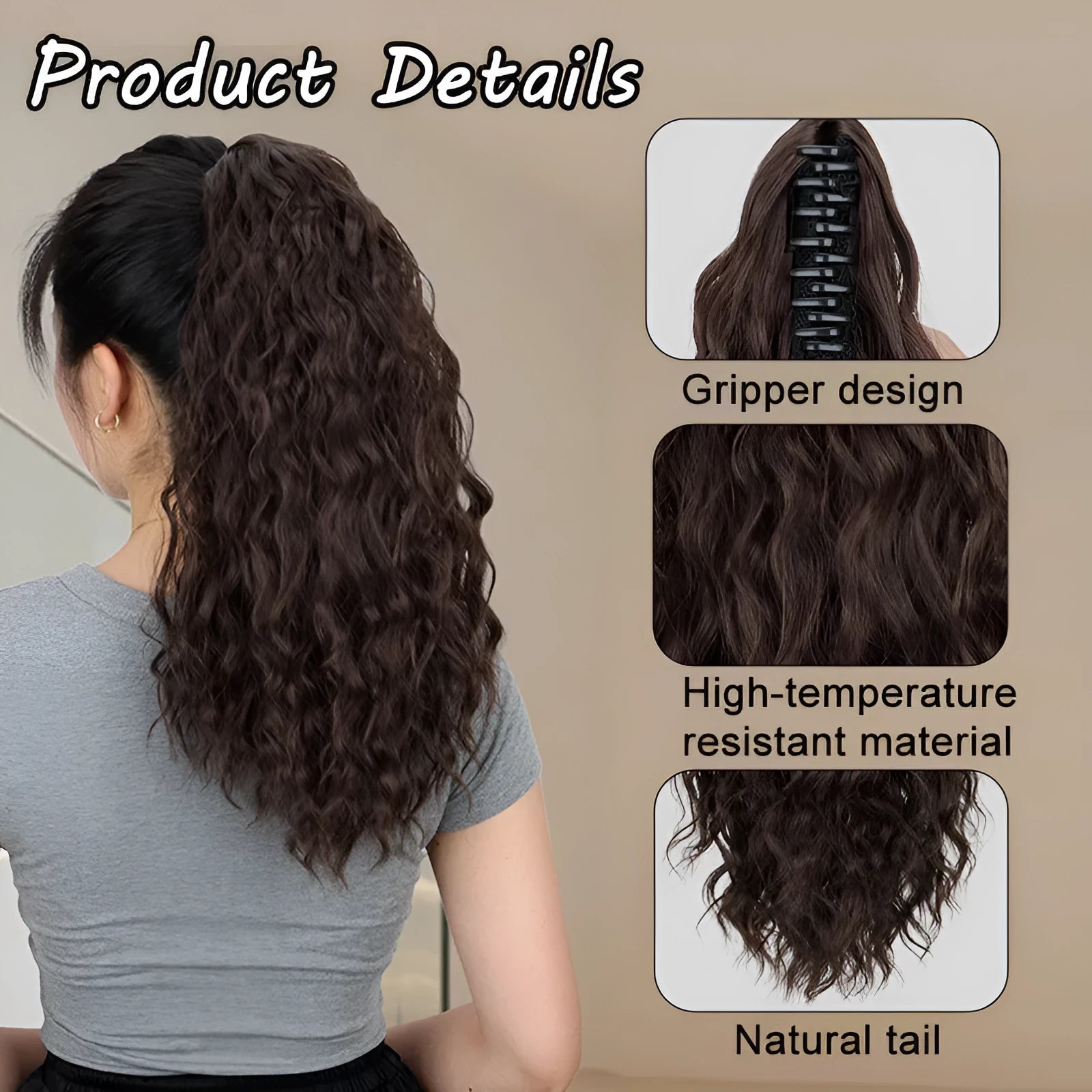 Synthetic water ripple grip corn curler ponytail wig in various colours with hair clip.