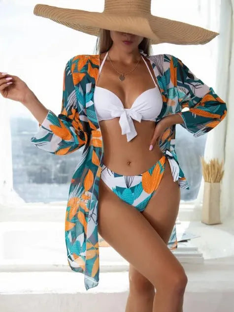 Women's three-piece mesh split bikini swimsuit in polyester fabric with top, pants and coat