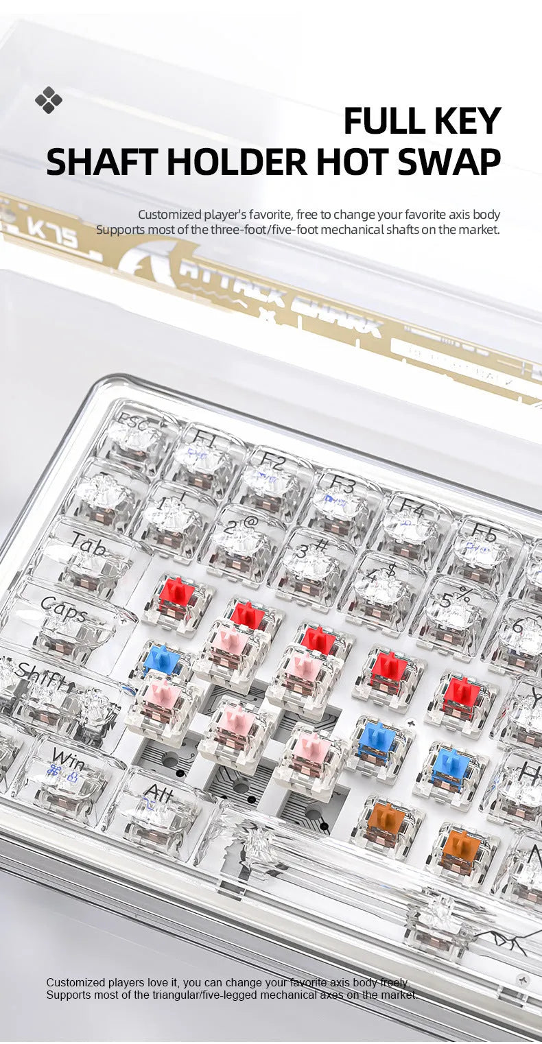 Attack Shark K75RGB wireless mechanical keyboard with transparent PC case showing RGB lighting
