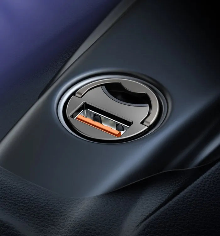 Electro-optical grey car charger with 1 metre cable showing USB interface