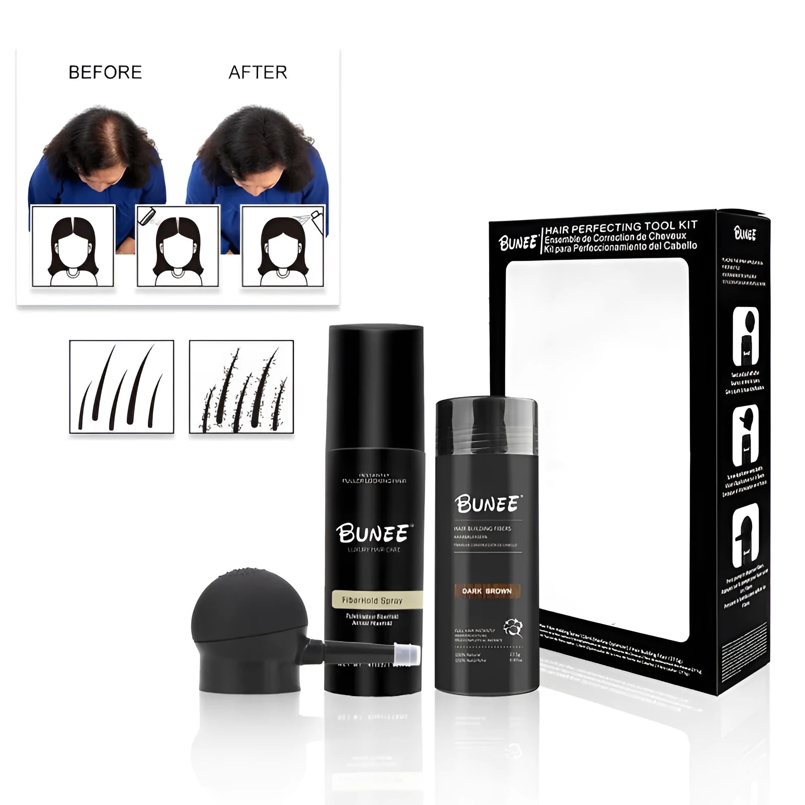 Dense hair fibre powder kit with 275g styling spray and applicator nozzle in multiple colour shades