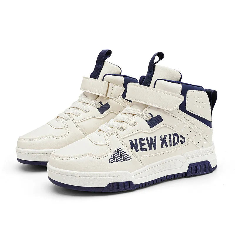 Children's street sneakers with buckle closure in beige green, blue, white and purple, or white powder.