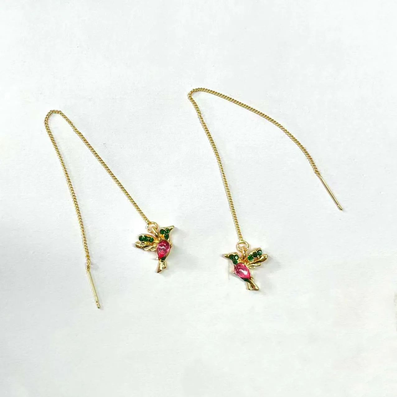 Women's long drop bird earrings with mixed zirconium wings in blue, red, and red lvzuan colour options