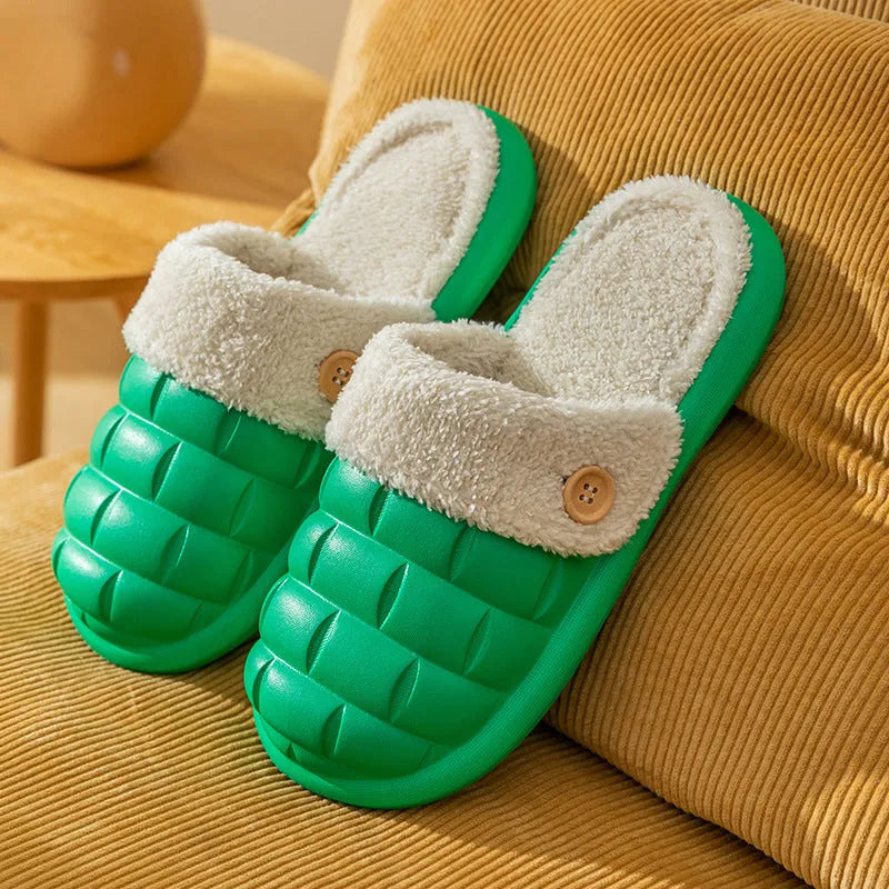 Women's pink detachable sole plush house slipper with round toe and flat heel