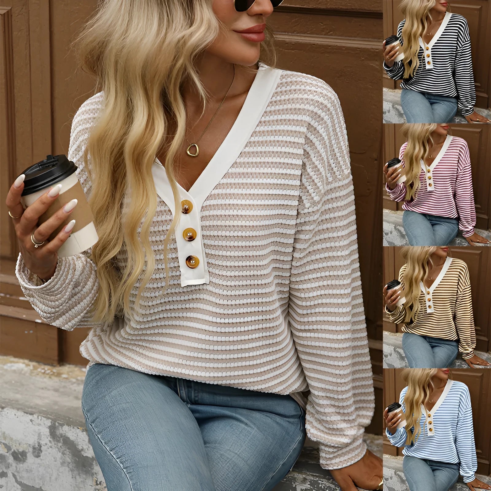 Women's V-neck patchwork pullover top in polyester fabric with loose fit