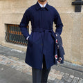 Wool winter trench coat single-breasted in dark blue with 30% wool polyester blend, leisure style