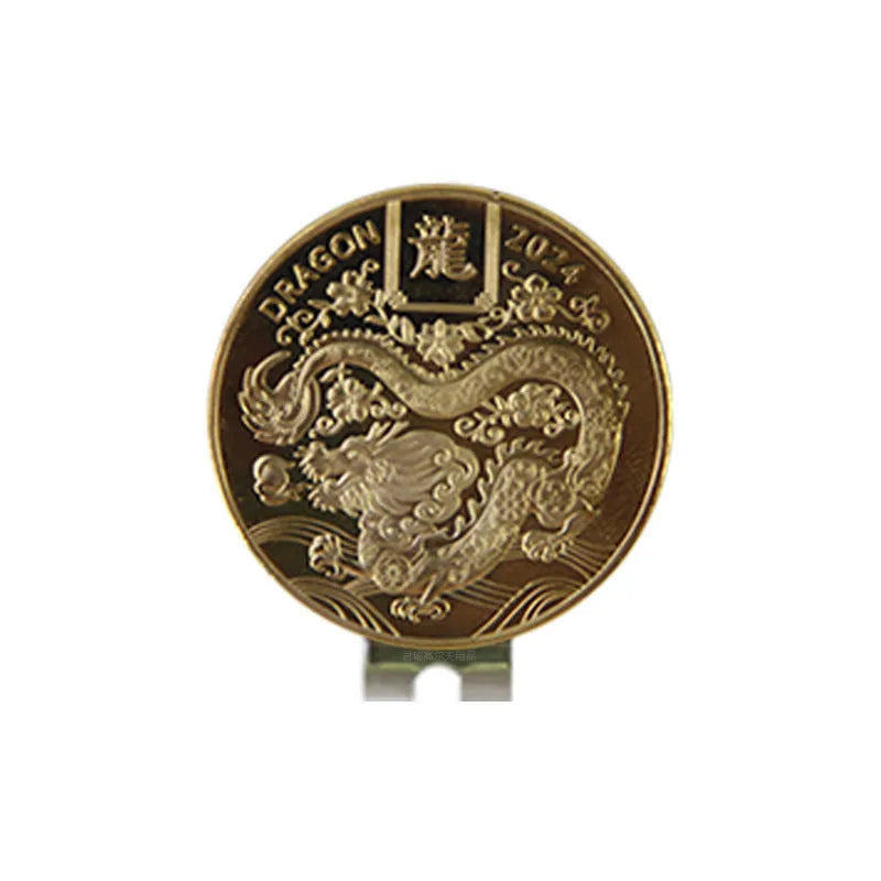 Zinc alloy golf hat clip with engraved pattern options including Dragon Year design
