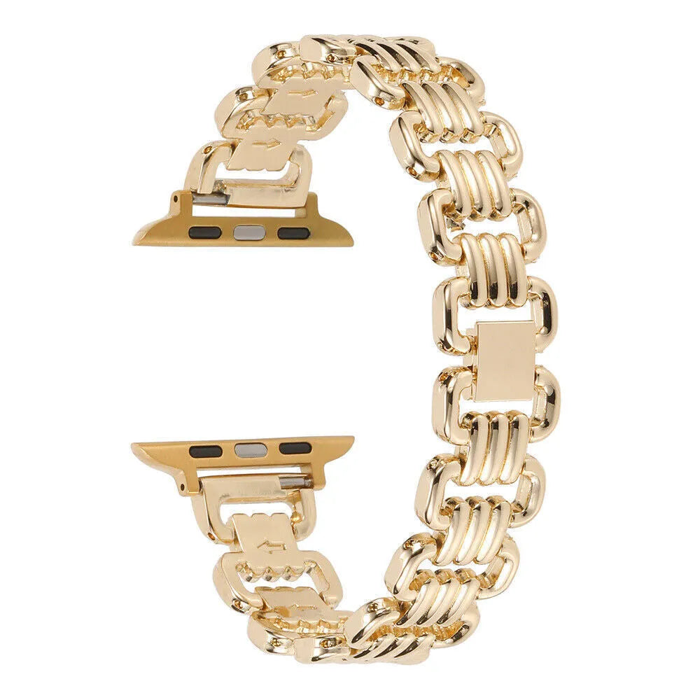 Alloy metal Apple Watch band in rose gold on a wrist, showing the connection to a watch case.