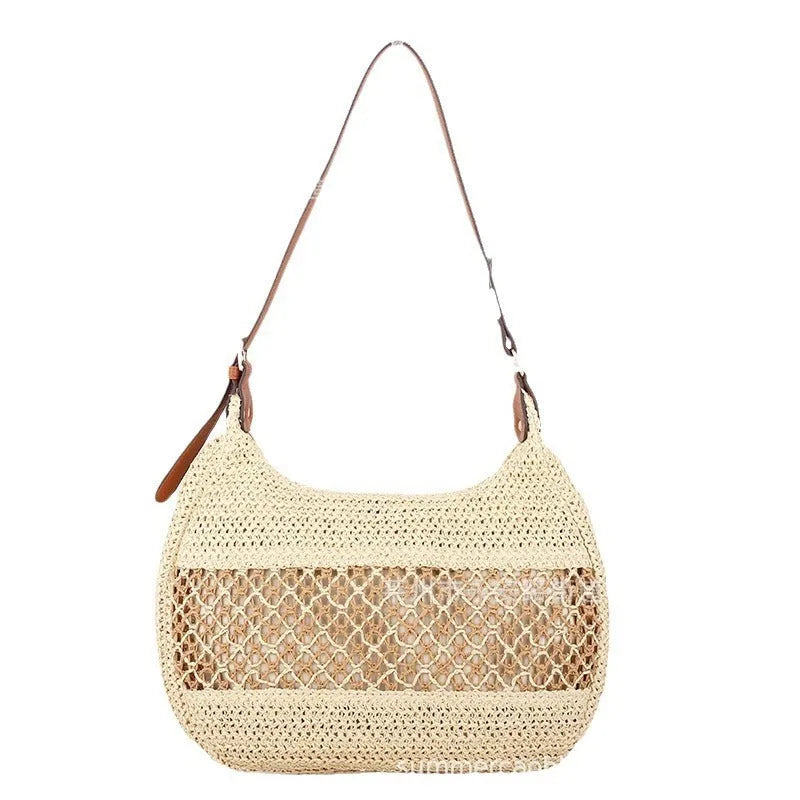 Women's casual straw cross body bag in khaki colour with horizontal square design and outer sandwich pocket