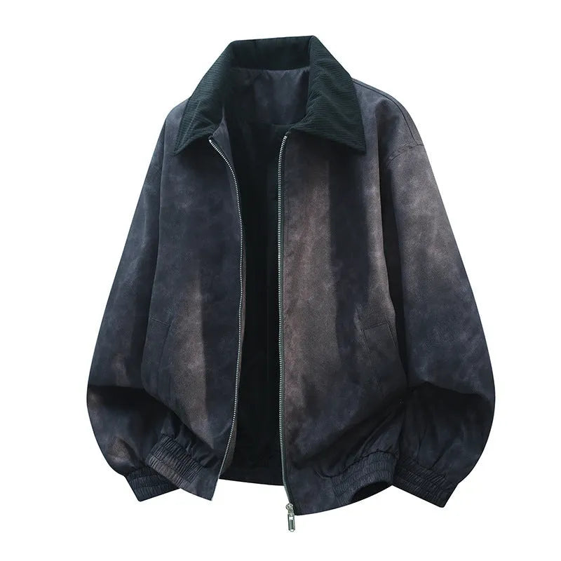 Men's black stitching lapel casual jacket with straight hem and side seam pockets