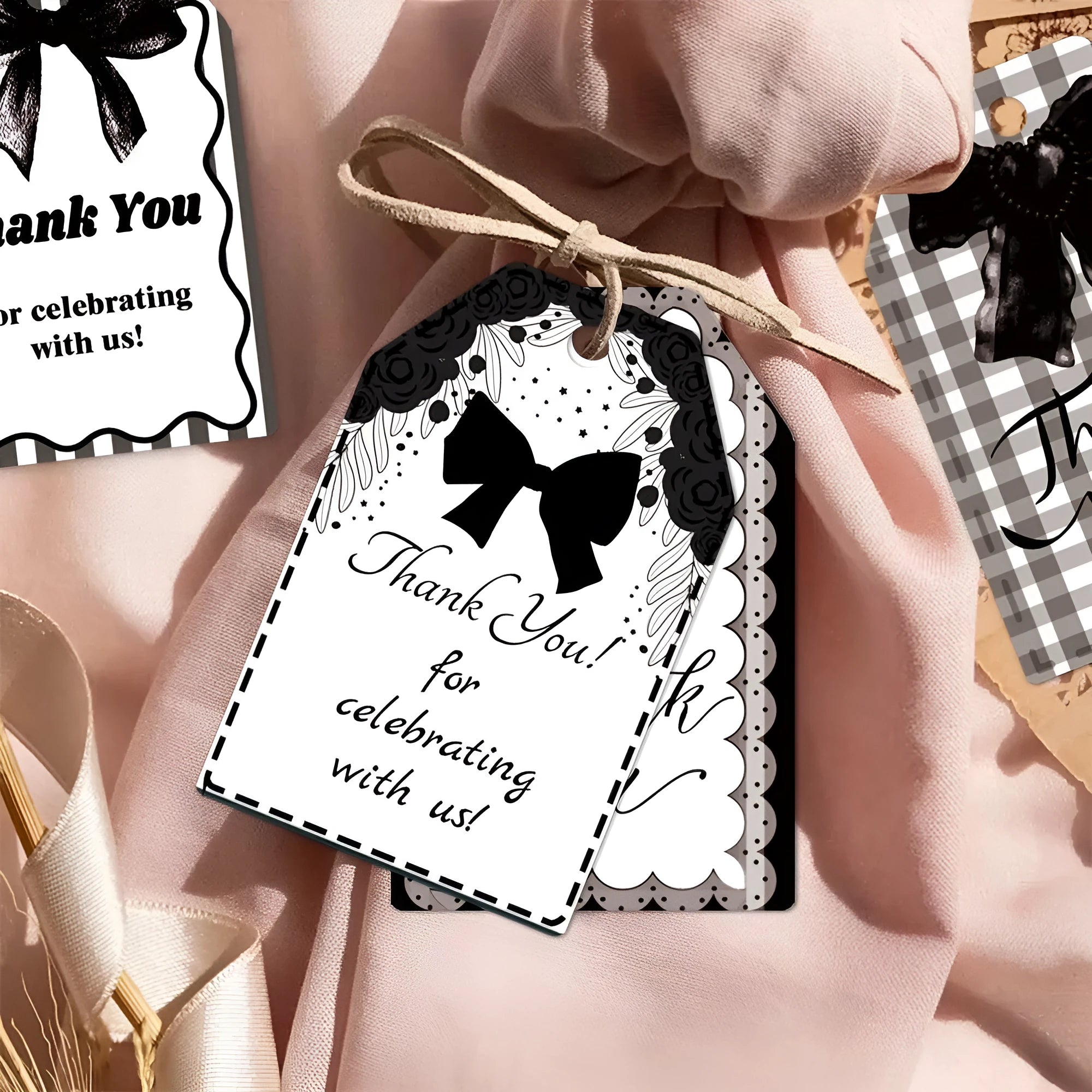 Set of 60 bowknot-shaped paper gift tags with natural hemp rope for birthday parties in three styles.