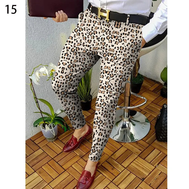 Man wearing slim-fit straight leg casual trousers with a 3D printed plaid pattern in a neutral colour.