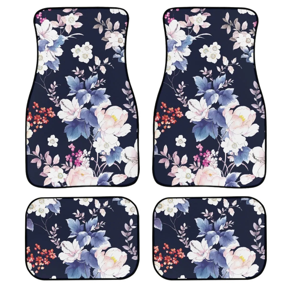 Black printed rubber car foot mat set showing 20mm thickness and waterproof texture for universal vehicle fit