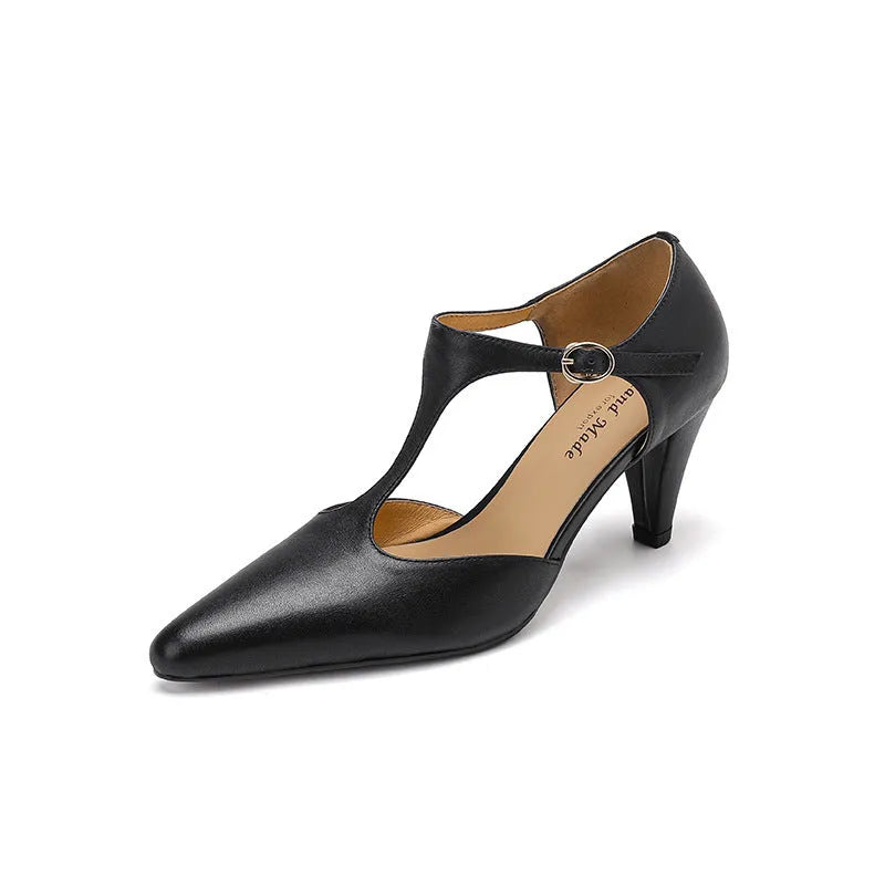 Brown retro women's T-strap closed toe sandals with a buckle and short block heel.