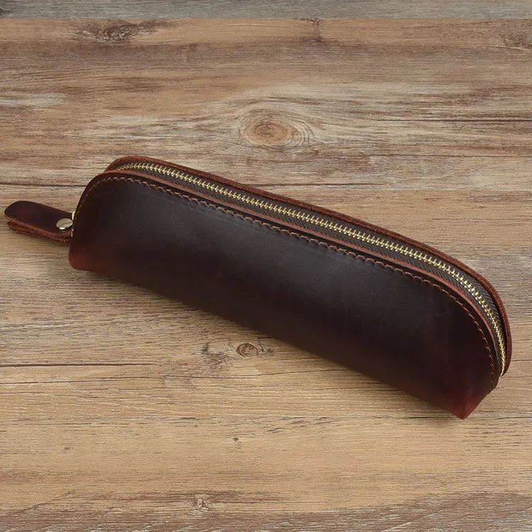 Handmade cowhide leather pencil case with zipper in square 18cm design