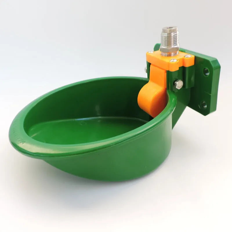 Green plastic drinking bowl for sheep and pigs on a farm.