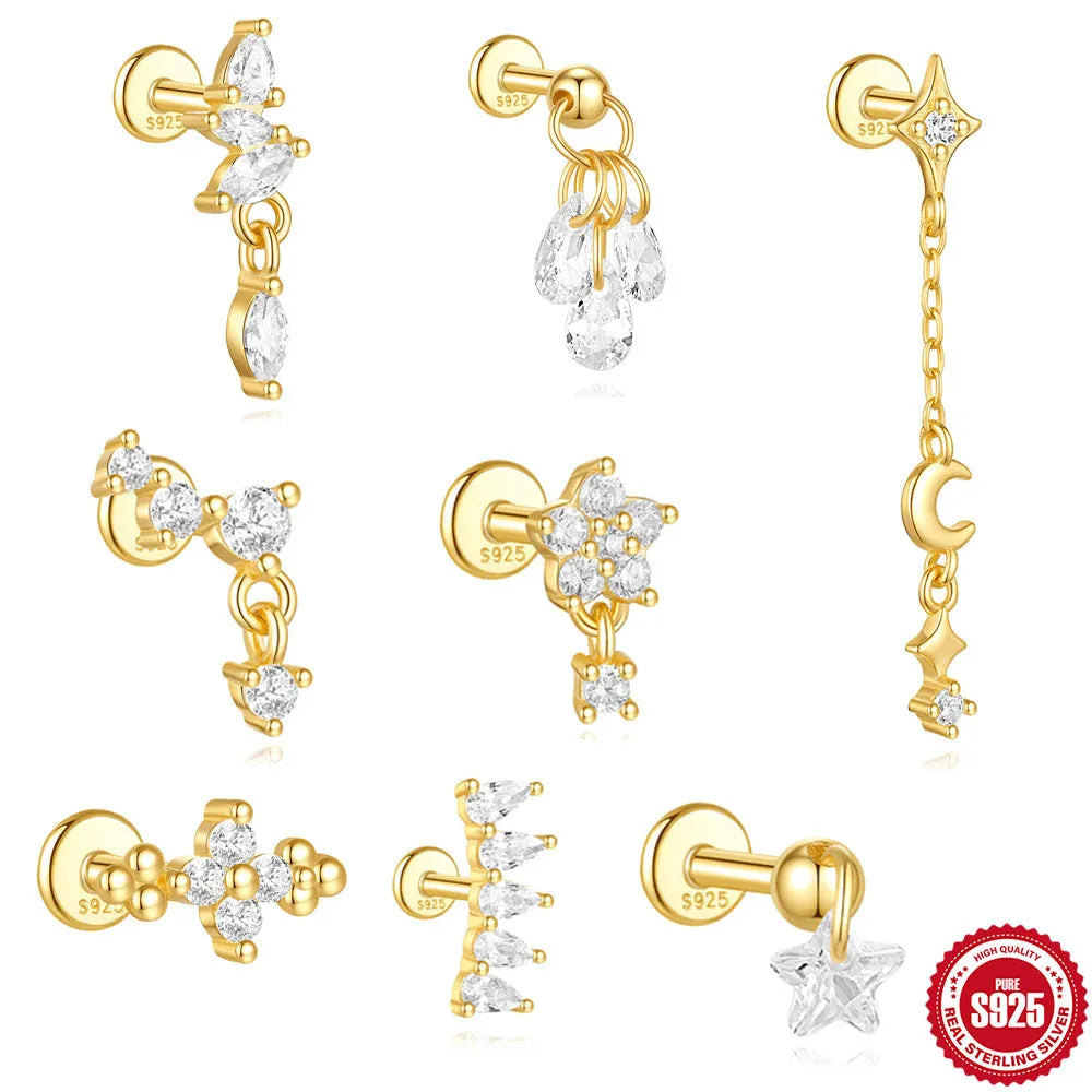 S925 sterling silver geometric moon and star earrings with cubic zirconia stones in a gold tone finish.