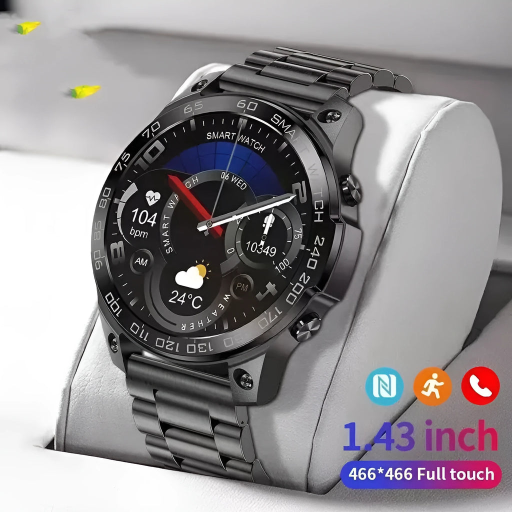 Black smart sports watch with round AMOLED display showing fitness stats, on a silicone strap.