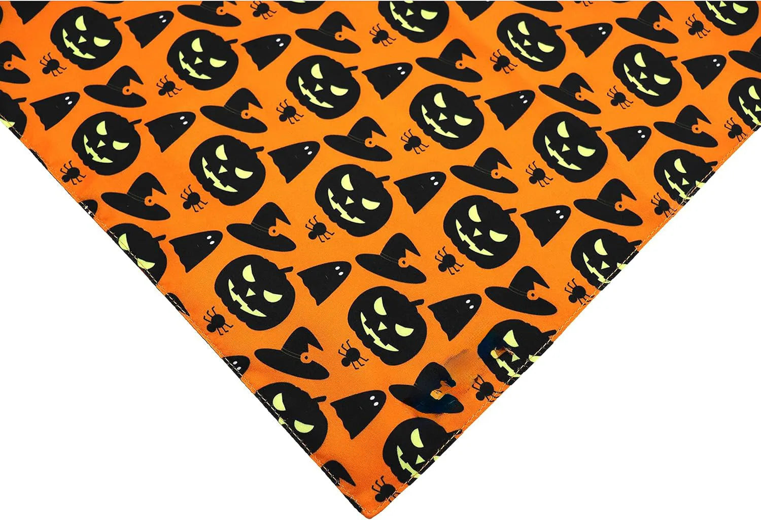 Reversible Halloween dog bandana showing pumpkin and spider web patterns with adjustable neck fastening