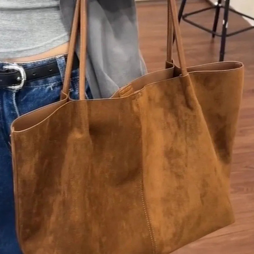 Coffee colour PU retro large capacity commuter tote bag with double straps and document pocket
