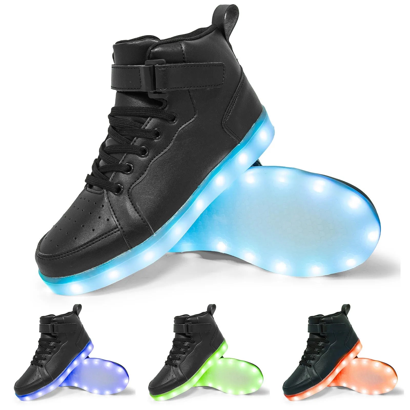 Black high-top LED light-up shoes with Velcro strap and glowing soles