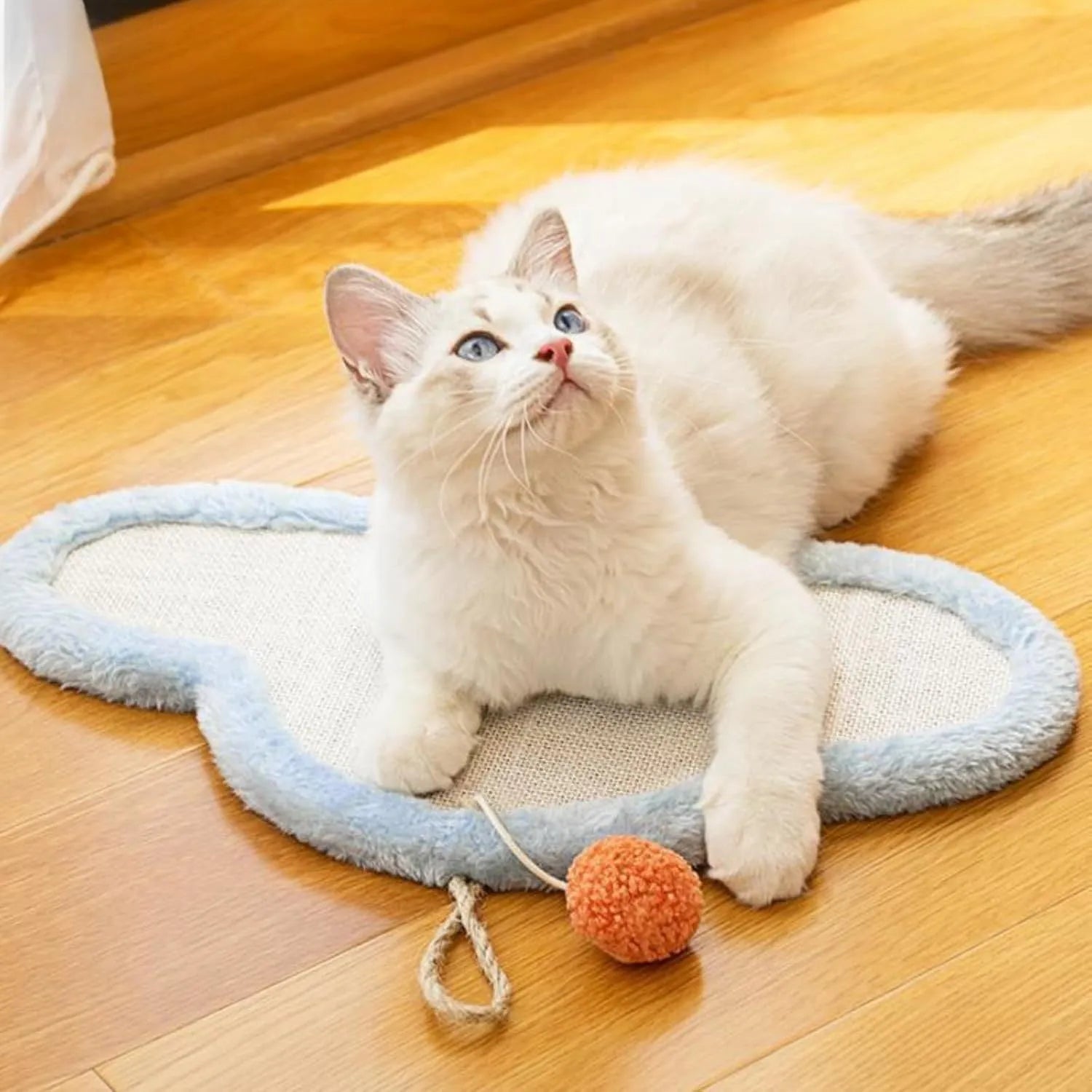 White natural sisal cat scratching mat with cartoon sleeping cat design, wall mounted