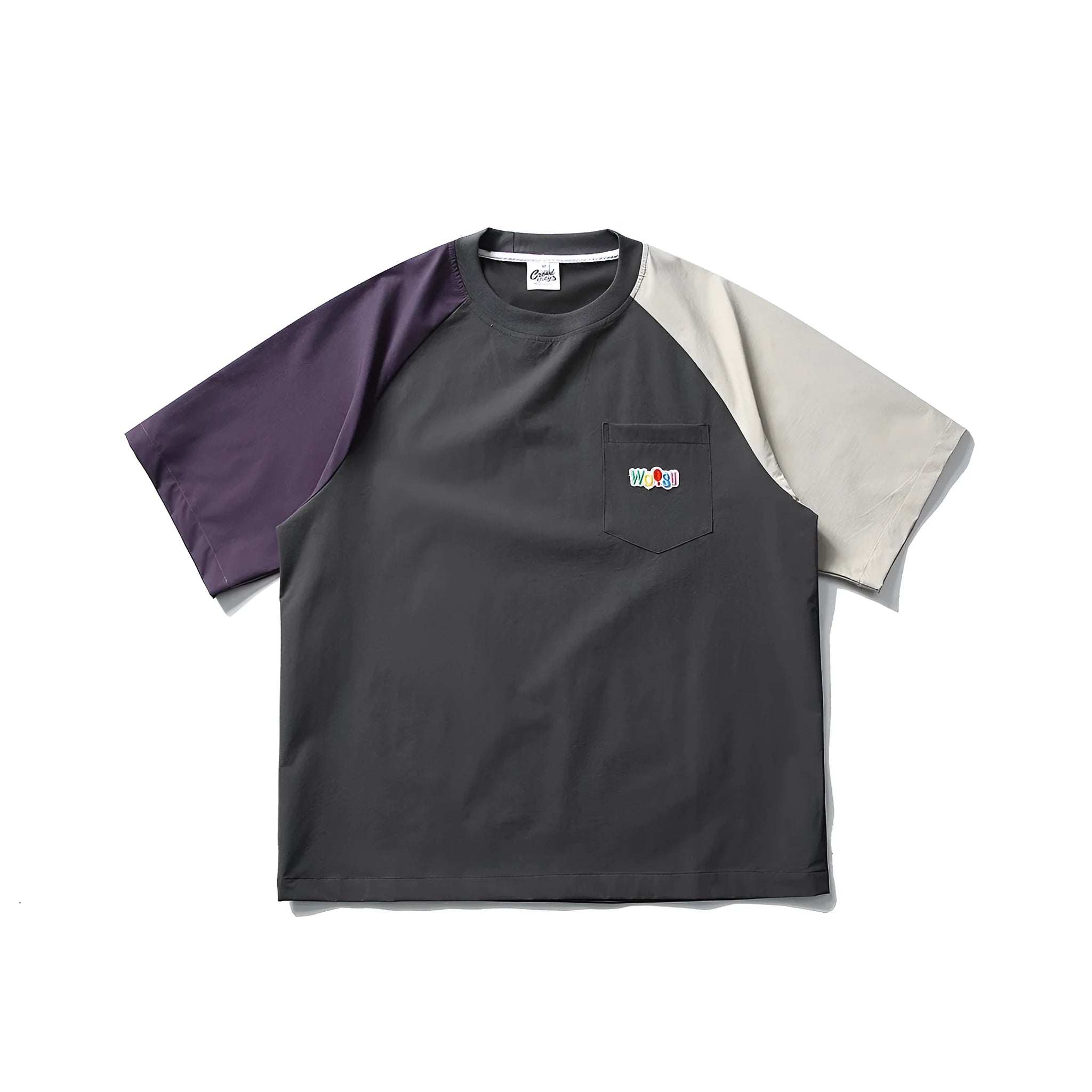 Dark grey loose fit t-shirt with contrast colour raglan short sleeves.