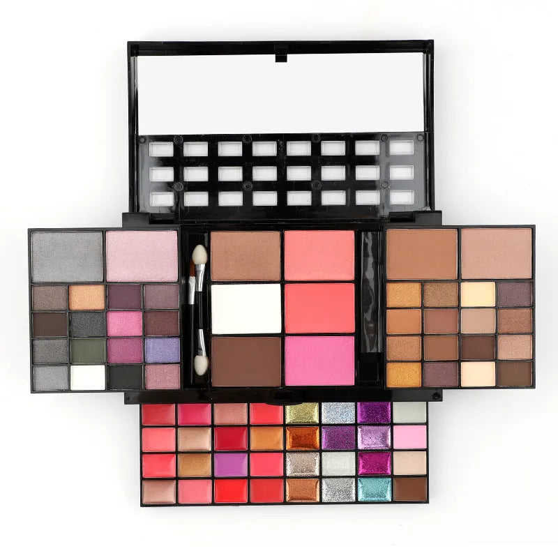 74 colour makeup palette set with four layers showing eyeshadows, lip glosses, and face powders with brushes