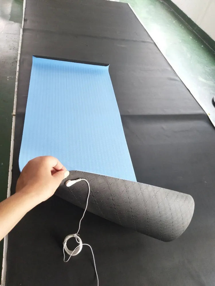 Blue conductive yoga mat with grounding wire, plants and flowers pattern, 182cm long by 61cm wide