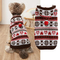 Blue striped camouflage knitted acrylic sweater on a small Bichon dog, showing snowflake and love heart patterns.