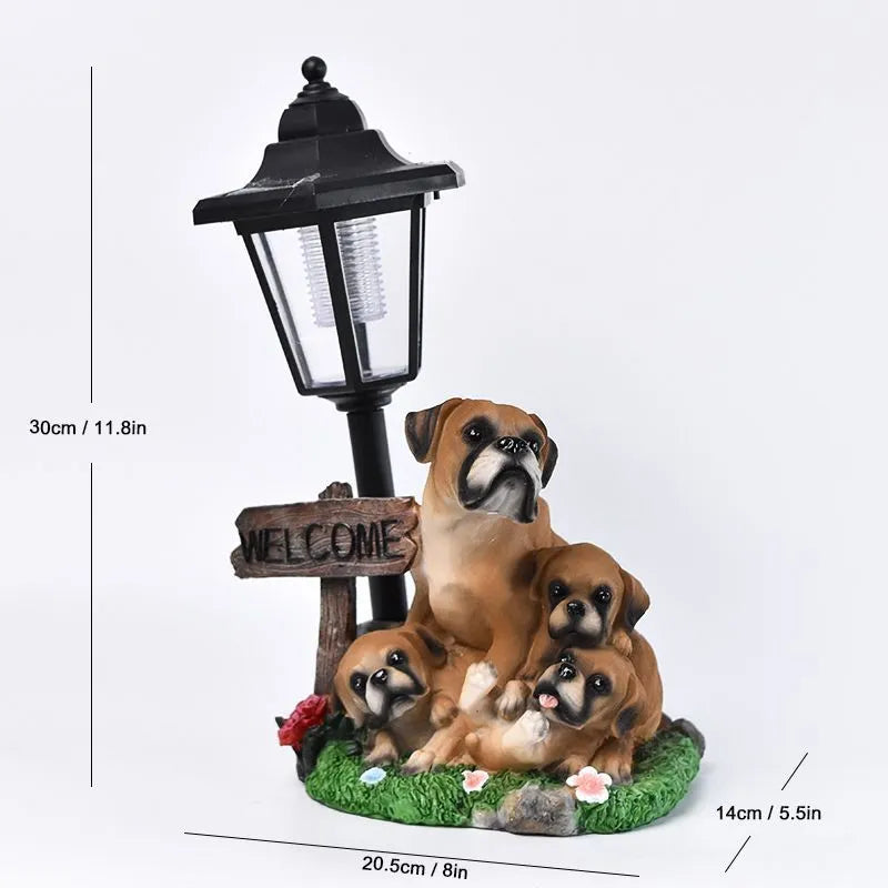 Solar hexagonal garden lamp with decorative resin figurine on plastic base for outdoor pathway lighting