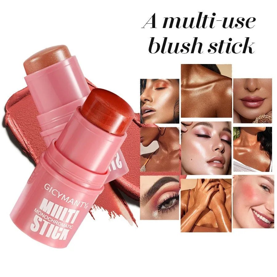 Makeup blush stick with glittering cream formula in plastic case, universal skin type, 4.2g