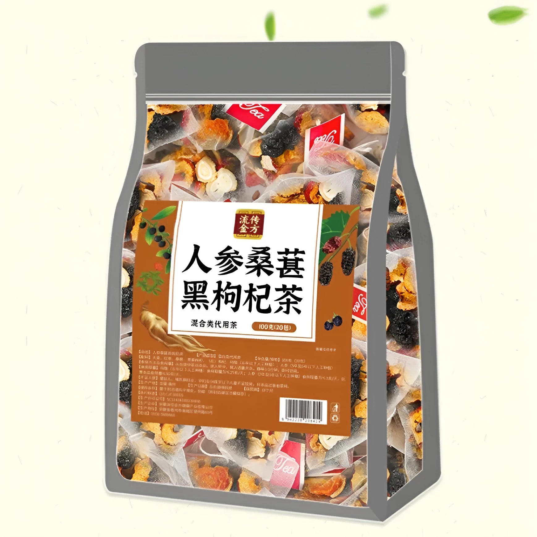 Bag of Ginseng Black Wolfberry Tea containing 40 individual 5g tea sachets, total 200g.