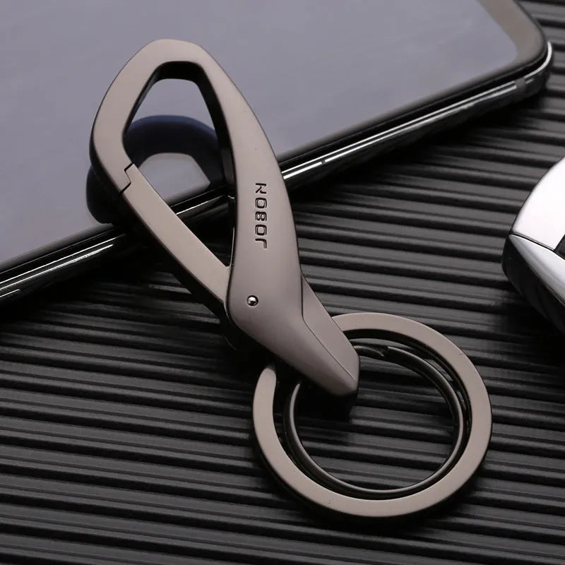 Zinc alloy double-ring keychain for waist attachment in black, chrome, or nickel colours