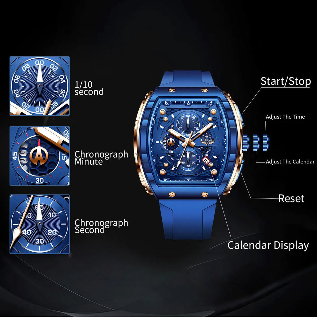 Men's sports quartz watch with 50mm luminous dial and mineral glass mirror, available in multiple colours