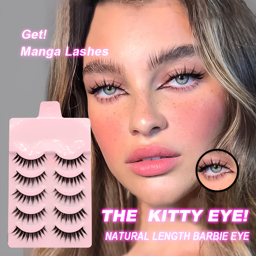 Pack of anime-style false eyelashes showing three wispy, natural slim length designs for cosplay and Korean makeup.
