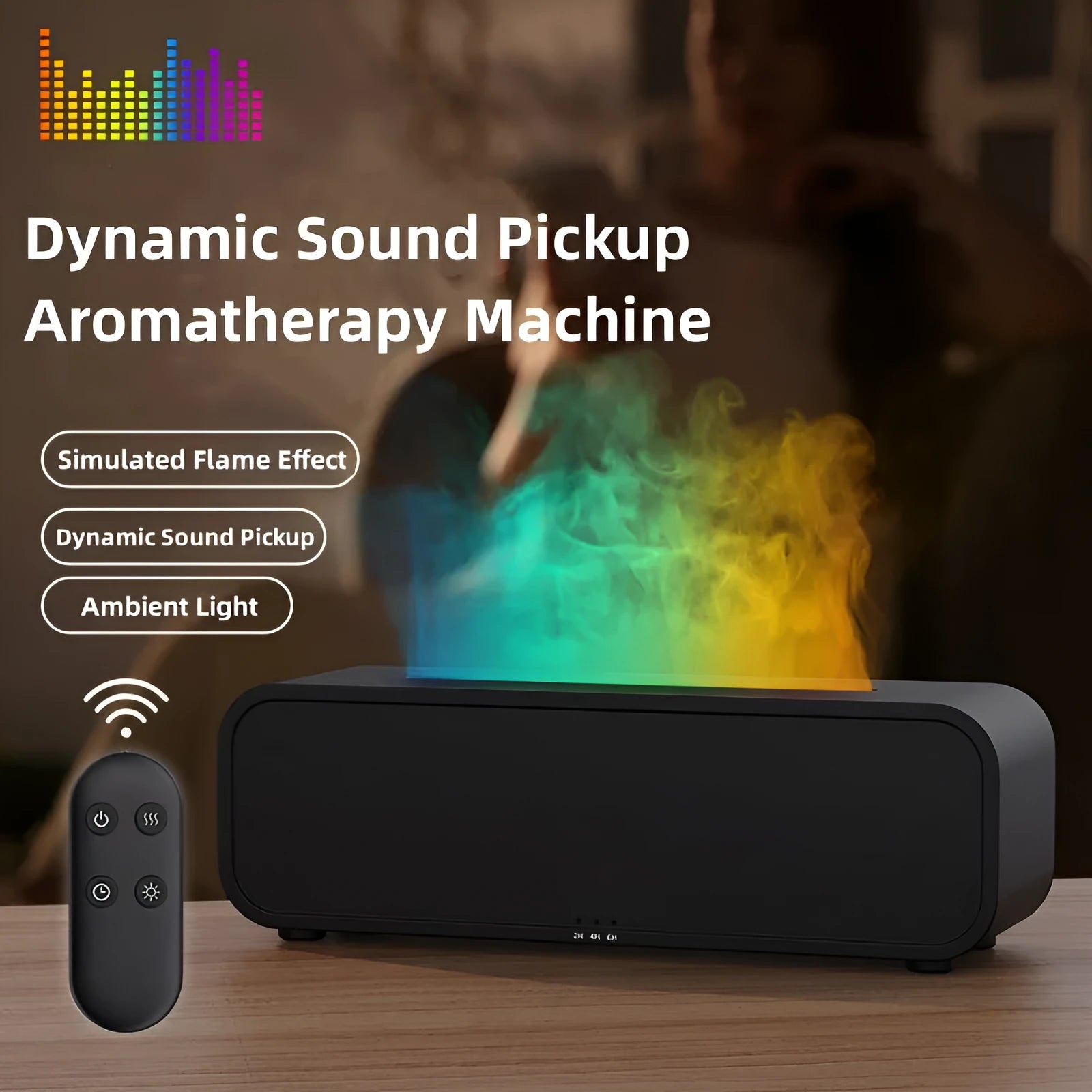 Black and white flame dynamic aroma diffuser with remote control and colour-changing light