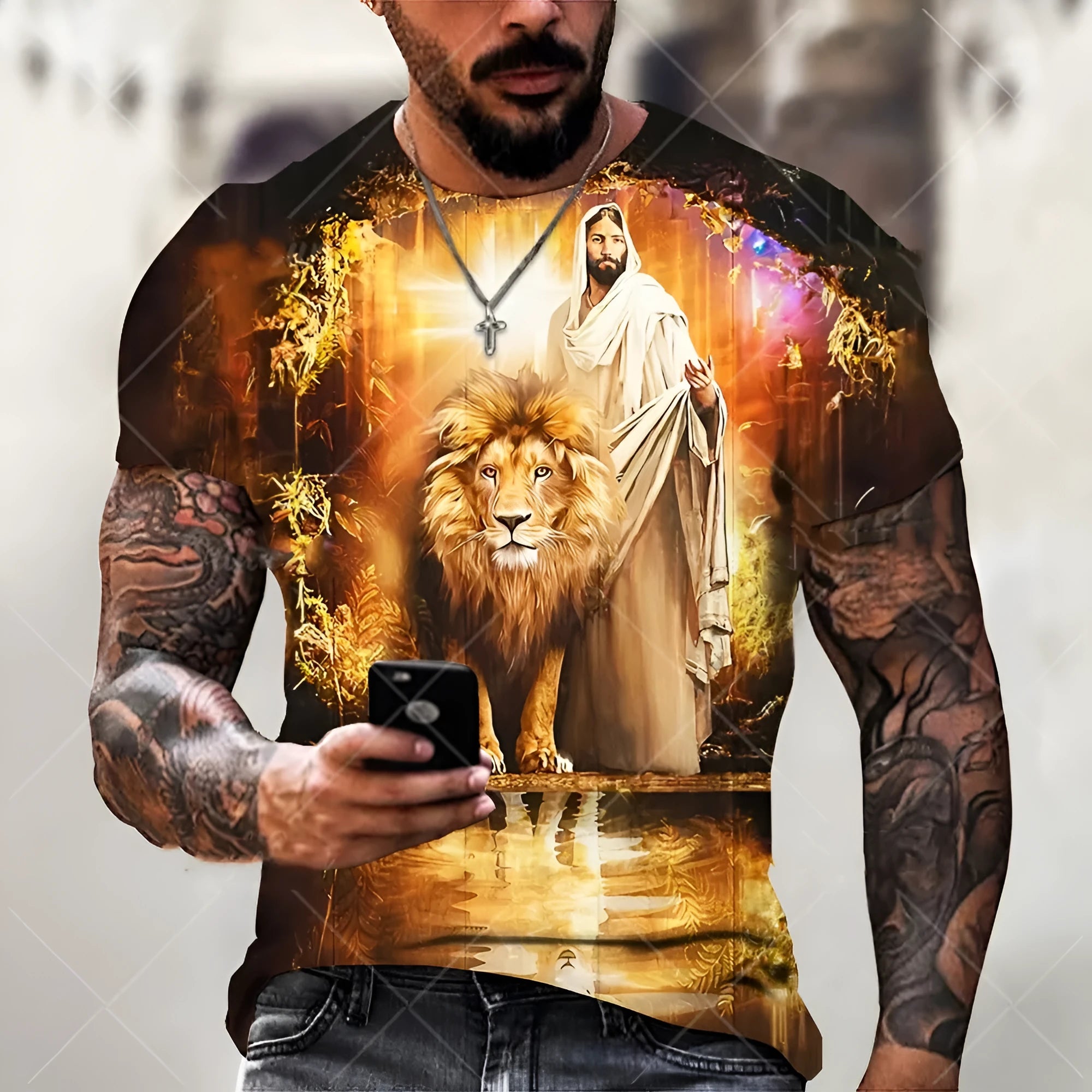 Men's grey t-shirt with a 3D printed Jesus face design on the chest