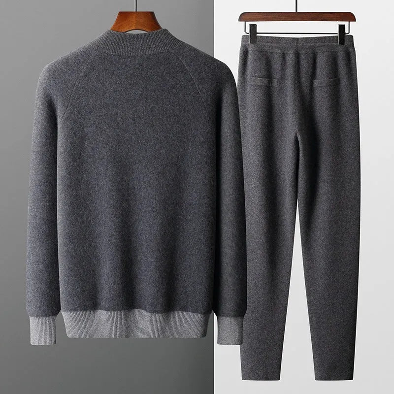Men's camel coloured cashmere wool blend knitted cardigan suit with half turtleneck zip-up top and matching trousers