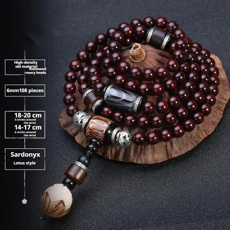 Men's rosewood bead bracelet with 108 beads, shown in a choice of lapis lazuli, turquoise, or red agate styles.