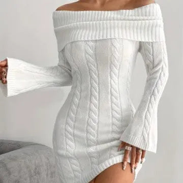 Women's polyester sweater dress with ribbed pencil skirt, boat neck, flared long sleeves, elastic waist, in khaki