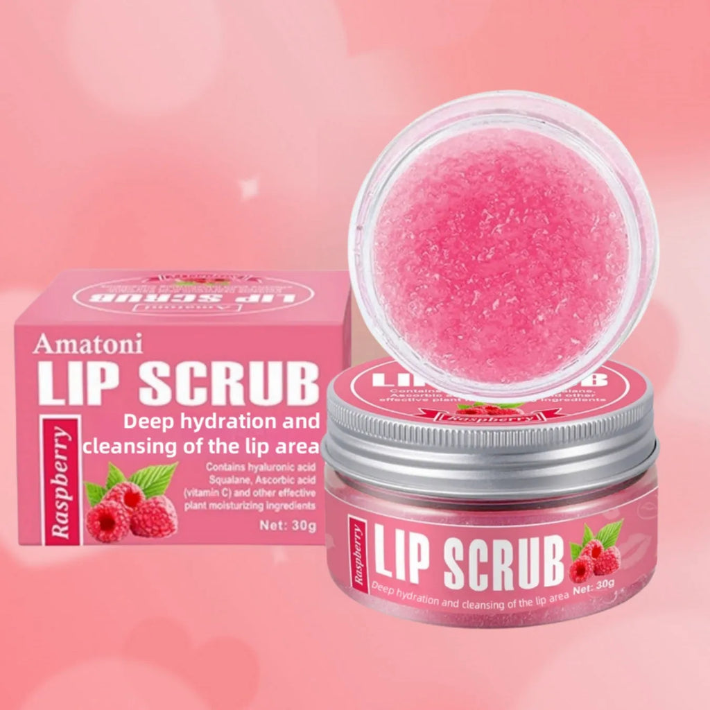 Amatoni lip scrub cream pot in coconut, raspberry, vanilla, or watermelon flavour, 30g.