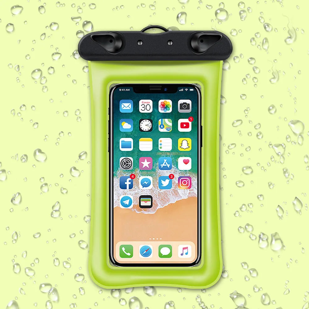 Orange waterproof phone pouch with black neck rope on a blue background.